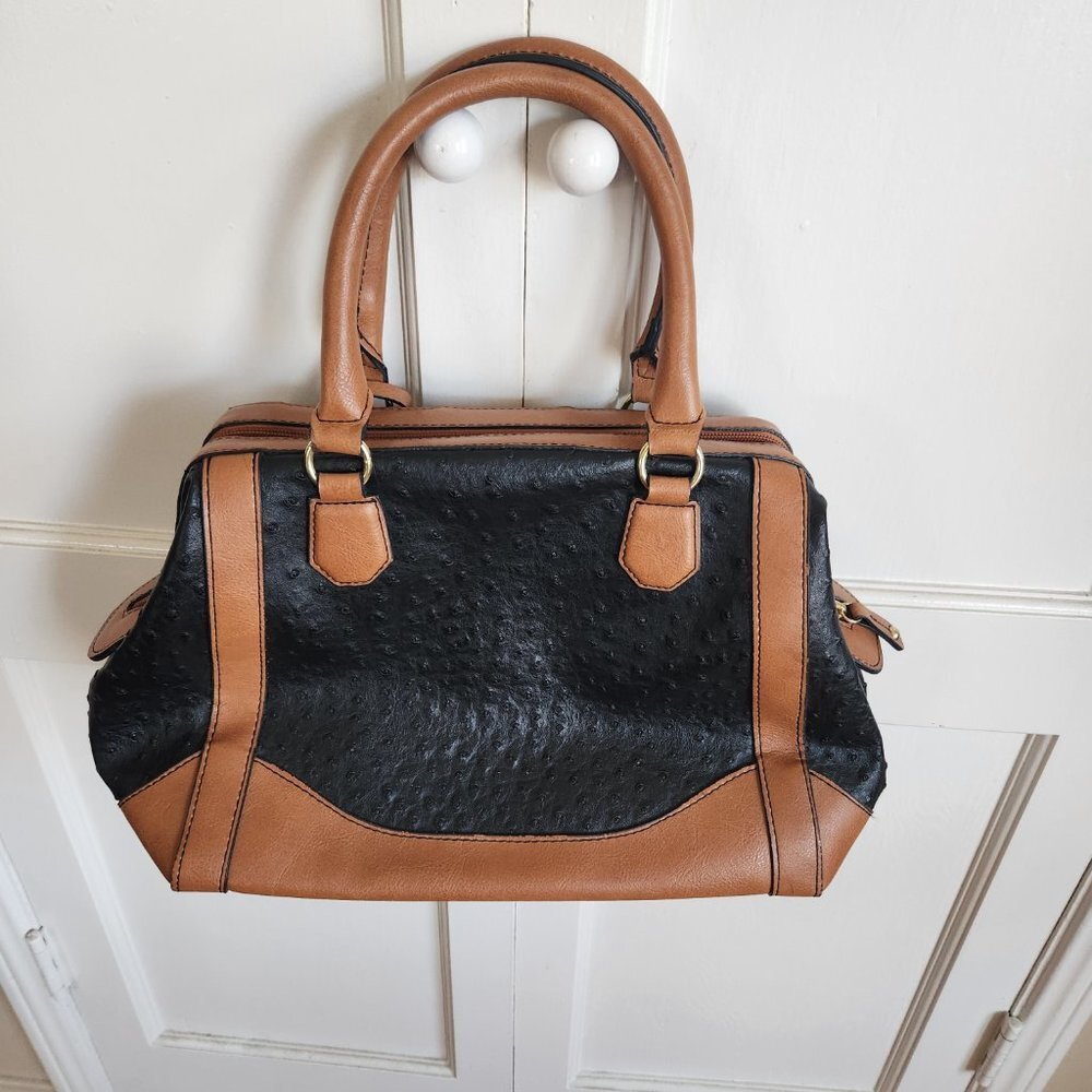 London Fog Satchel Handbag in Black Ostrich and Tan LIKE NEW - Picture 3 of 10